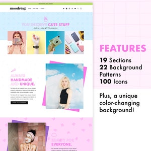 The full homepage of Moodring Shopify theme, a fun, color-changing theme with a unique design. Features include 19 sections, 22 background patterns, and 100 icons. Plus a unique, color-changing background!