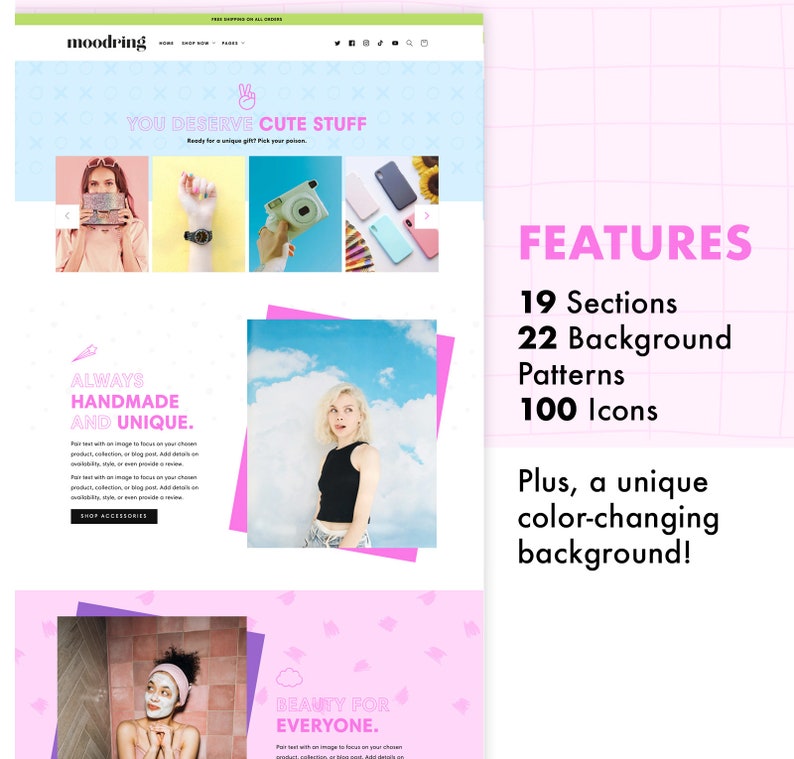 The full homepage of Moodring Shopify theme, a fun, color-changing theme with a unique design. Features include 19 sections, 22 background patterns, and 100 icons. Plus a unique, color-changing background!