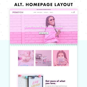 Screenshot of PomPom, pink Shopify theme, alternate homepage with hero image at the top.