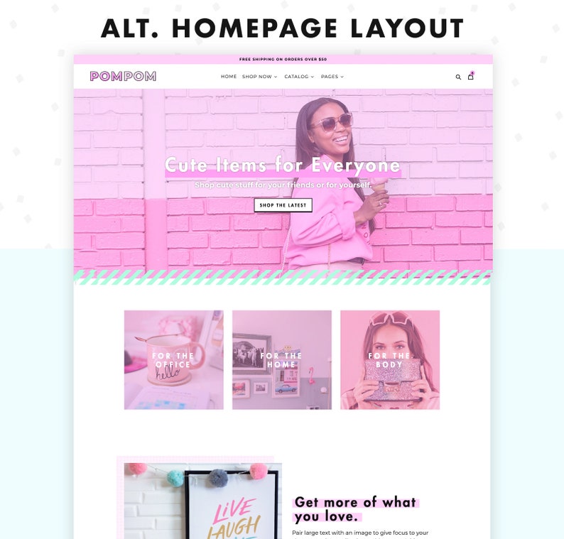 Screenshot of PomPom, pink Shopify theme, alternate homepage with hero image at the top.