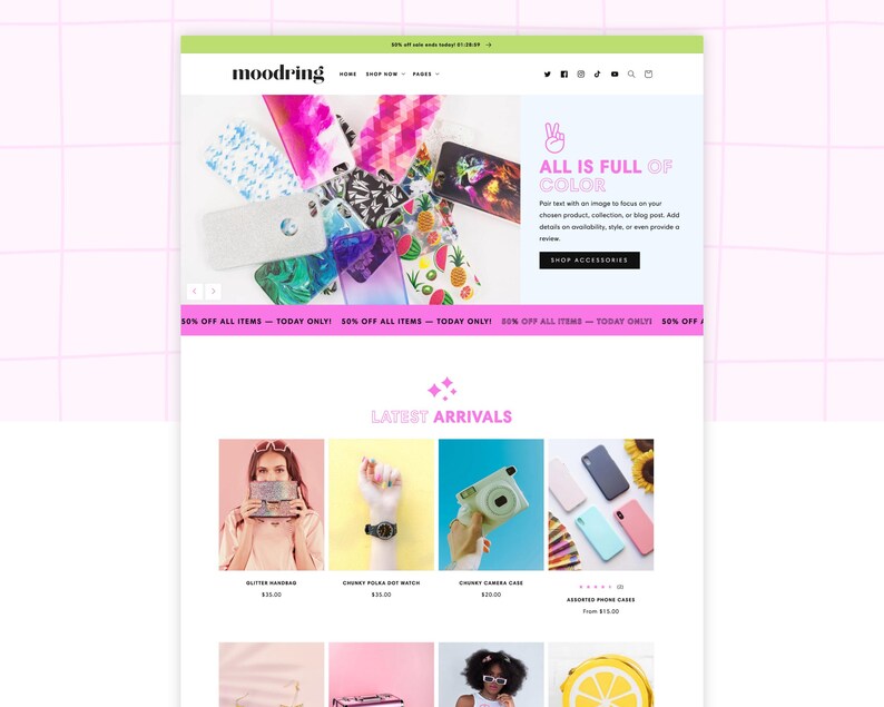 A screenshot of Shopify theme Moodring. With this service, we can help you install this theme or any other theme from our Etsy store.