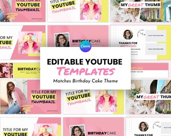 Leuke YouTube-sjablonen voor Canva (banner, miniatuur, intro, einde), verjaardagstaart