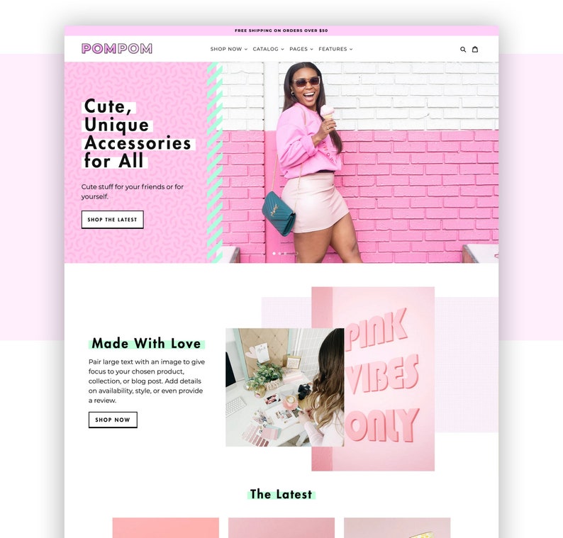 Pink Shopify Theme PomPom is a bright, vibrant Shopify theme with a feminine, aesthetic design. Perfect for all types of business, this multipurpose theme is sure to wow customers. This is a screenshot of the bright, unique homepage.
