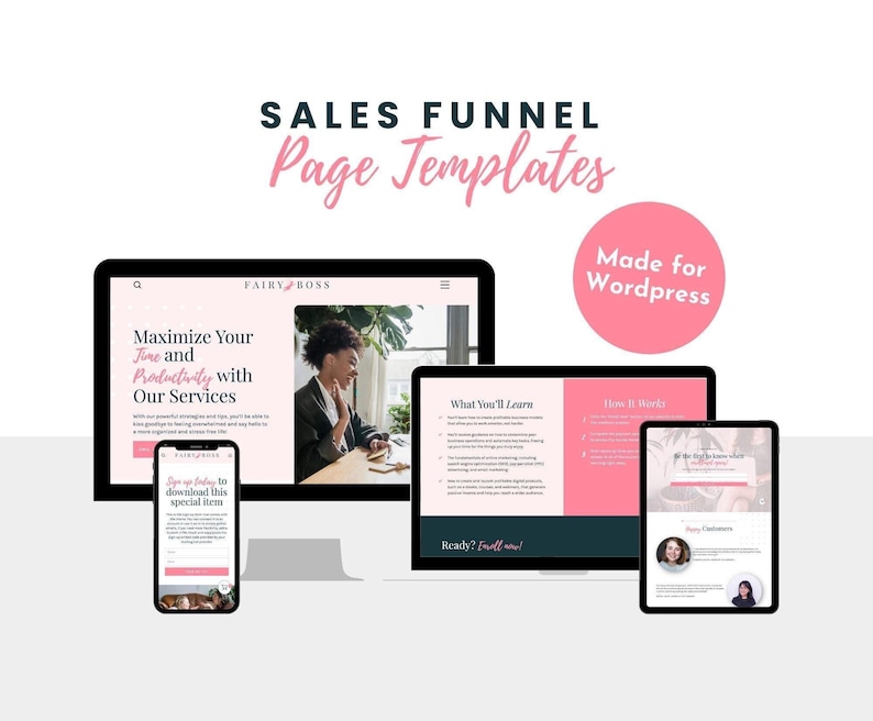 This professional sales funnel Templates for Wordpress comes with Long-Form, Opt-In, Thank You, Upsell, Lead Magnet, and Tripwire templates. Made with Gutenberg, you can easily edit them to create a seamless customer experience right on Wordpress!