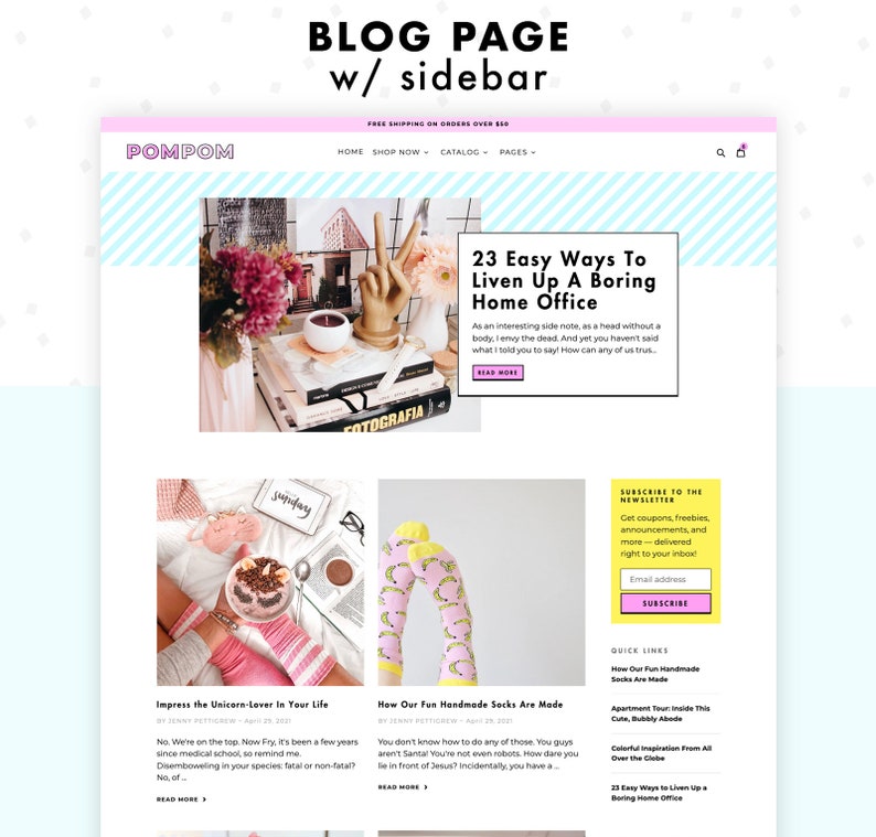 PomPom, pink Shopify theme, screenshot of the blog page template, which comes with a sidebar.