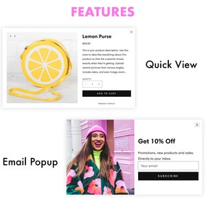 Screenshot of Moodring Shopify theme's features, including Quick View and Email Popup.