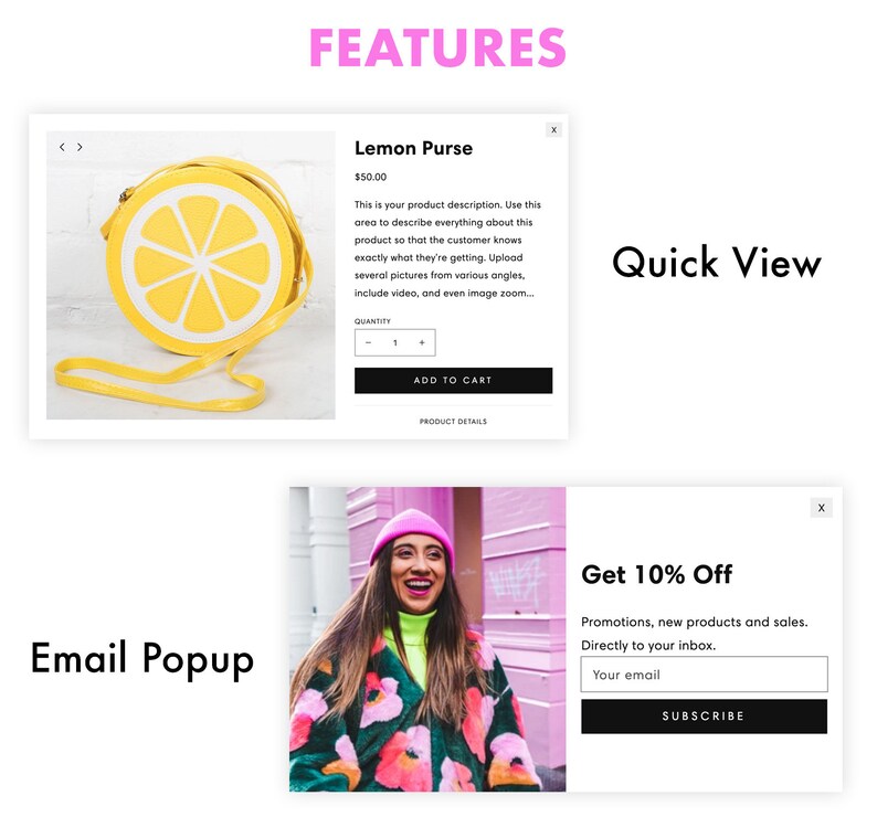 Screenshot of Moodring Shopify theme's features, including Quick View and Email Popup.