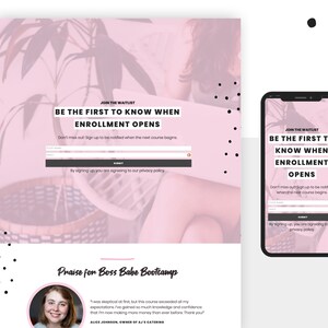 A screenshot of the pink waitlist page on both desktop and mobile.