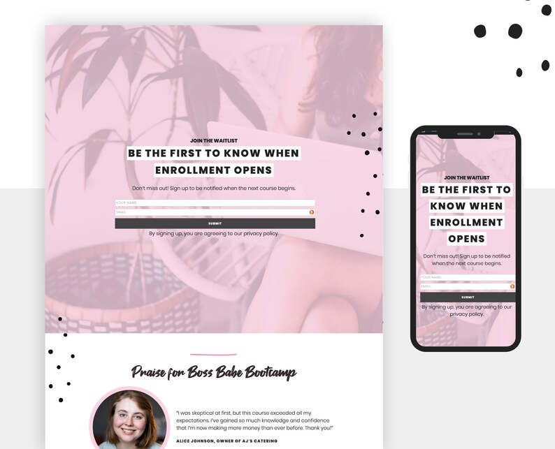 A screenshot of the pink waitlist page on both desktop and mobile.