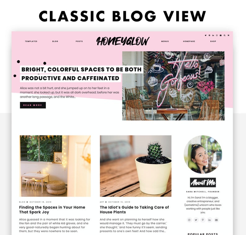 Screenshot of Honeyglow, pink Wordpress theme for bloggers, main blog feed page.