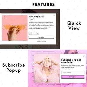 More PomPom, pink Shopify theme, features, including Quick View and Subscribe Popup.