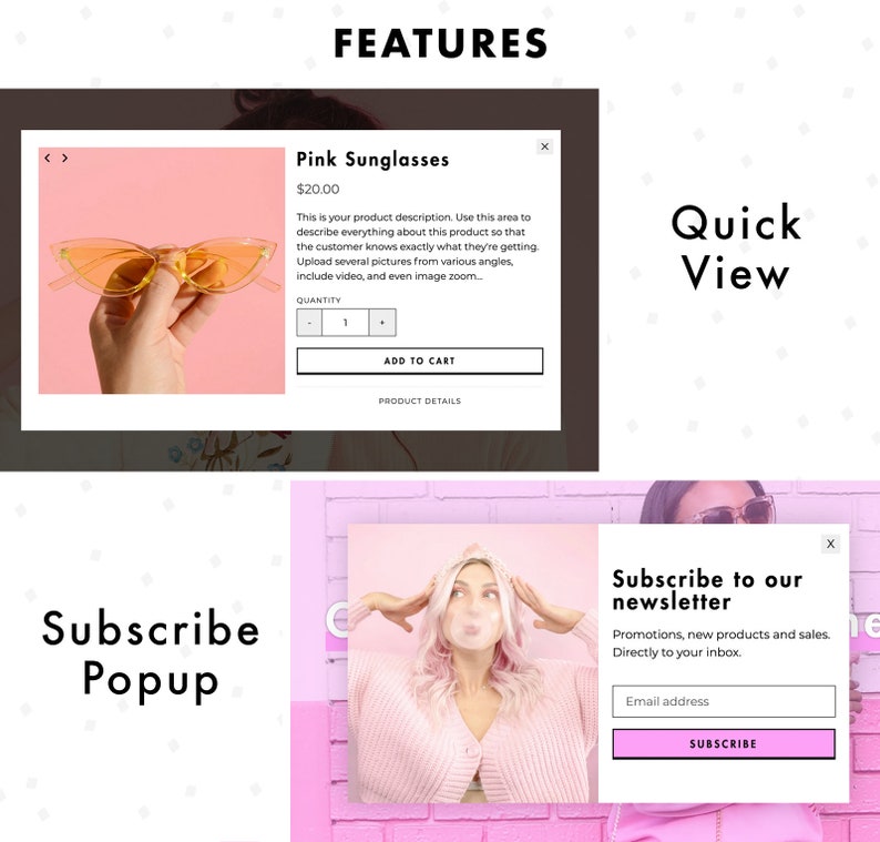More PomPom, pink Shopify theme, features, including Quick View and Subscribe Popup.