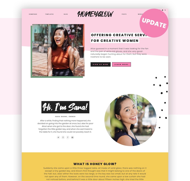 Honeyglow, pink Wordpress theme for bloggers, is perfect for bloggers, coaches, and ecommerce. A screenshot of the homepage and its unique feminine design.