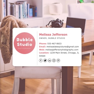 May include: A pink and white business card with the text "Bubble Studio Photography" and the name "Melissa Jefferson" with contact information and social media icons.