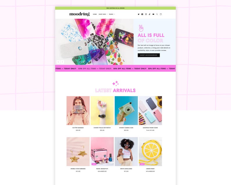 The homepage of Moodring, a colorful Shopify theme that's fun, unique, and changes colors! Comes with 19 drag-and-drop sections that you can put literally anywhere. No templates required! Save time and do your editing entirely within Shopify's site editor.
