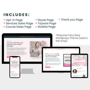 The professional sales funnel templates come with an opt-in page, a services sales page, a course sales page, an ebook sales page, a tripwire page, a waitlist page, and a thank you page.