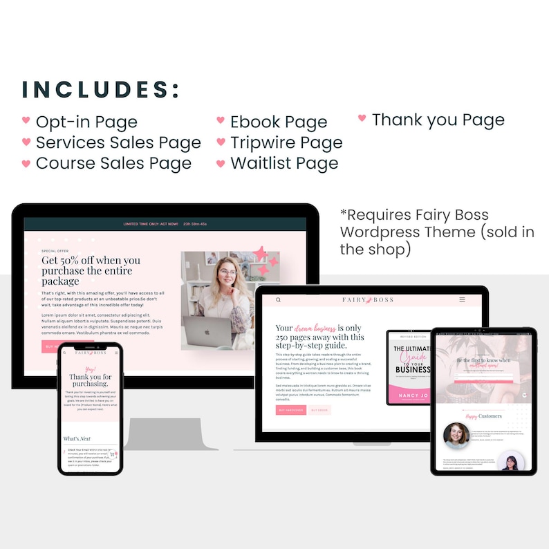 The professional sales funnel templates come with an opt-in page, a services sales page, a course sales page, an ebook sales page, a tripwire page, a waitlist page, and a thank you page.