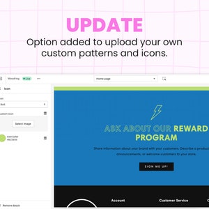 May include: A blue and green website design template with the text "Ask About Our Reward Program" and a button that says "Sign Me Up!" The website design is for a business that wants to promote a reward program.