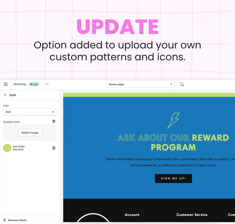 May include: A blue and green website design template with the text "Ask About Our Reward Program" and a button that says "Sign Me Up!" The website design is for a business that wants to promote a reward program.