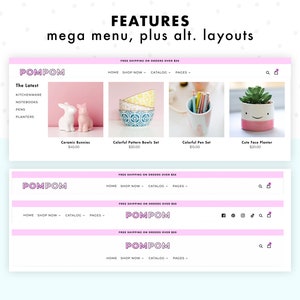 Examples of PomPom, pink Shopify theme, features, including a mega menu and alternate menu layouts.