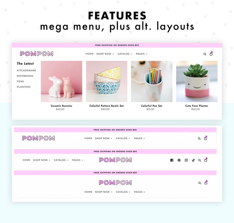 Examples of PomPom, pink Shopify theme, features, including a mega menu and alternate menu layouts.