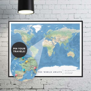 Art personnalisé de toile de carte de voyage du monde d'océans bleus, carte d'épingle du monde, toile personnalisée, art classique de grande carte du monde, décor personnalisé de carte d'épingle du monde
