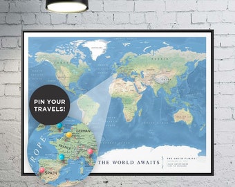 Personalized Blue Oceans World Travel Map Canvas Art, World Pin Map, Custom Canvas, Classic Large World Map Art, Custom World Pin Map Decor