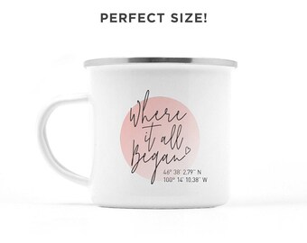 Custom Coordinates Mug - Cute Anniversary Gift For Him Or Her, Lat/Long Wedding Anniversary Gift Idea, Met/Engaged/Married Enamel Coffee Mug