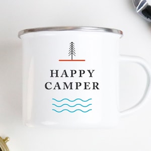 Enamel Camping Mug: Happy Camper Mug. Camping Coffee Cup, Gift For Travel, Campfire Mug, Cool Camp Mug, Hiking Mug, Cabin Mug, RV Mug Gifts.