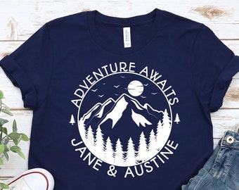 Adventure Awaits Couple Shirts, Personalized Tees, Matching Tops, His and Hers Adventure Wear, Unisex Travel Design, Travel Junkies Fashion