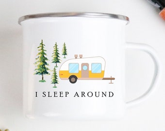 Funny Camper Mug: I Sleep Around Camping Mug. Camper Decor, Camp Mug, Funny Campfire Mug, RV Gifts, RV Decor, Tin Mug, Camping Gift Ideas.