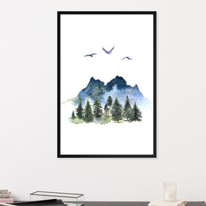 Flying Birds In The Mountain Digital Print, Watercolor Landscape, Art Prints, Nature Green Art, Hiking Scene, Travel Lover, Outdoor Inspired