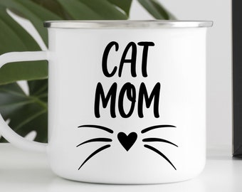 Personalized Funny Camping Cat Mug - Enamel Mug for Cat Moms and Lovers - Unique Gift Idea for Outdoor Enthusiasts and Animal Lovers