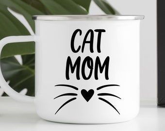 Personalized Funny Camping Cat Mug - Enamel Mug for Cat Moms and Lovers - Unique Gift Idea for Outdoor Enthusiasts and Animal Lovers