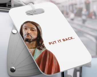 Jesús está viendo la etiqueta de equipaje, la etiqueta de equipaje divertida, la etiqueta de equipaje WWJD personalizada, el meme de Jesús que mira, vi ese regalo de viaje de etiqueta de bolsa de Jesús