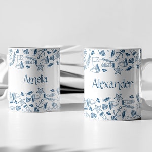 Personalized Coffee Mug, Nautical Theme Mug, Boat Mugs, Captain Themed Mug, Sail Boat Cup, Navy Pattern, Ocean Coastal Classic Ceramic Mug