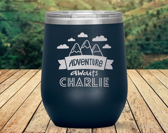 Personalized Adventure Awaits Tumbler Mug, Mountain Hike Art, Adventure Travel Mug, Camping Travel Mug, 12 oz Insulated Engraved Travel Mug