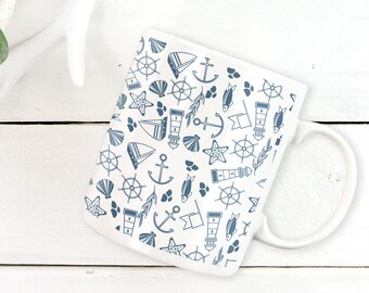 Beach Mug, Blue Anchor Mug, Seaside Life Tea Mug, Beach House Gift, Sea Ceramic Coffee Mug, Blue Sailing Mug, Nautical Seashell Pattern Mug