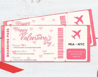 May include: Two pink and white printable travel tickets with the text "Happy Valentine's Day". The tickets feature heart designs and airplane graphics, with the destination "MIA - NYC". The phrase "Pack your bags adventure awaits!" is also included.