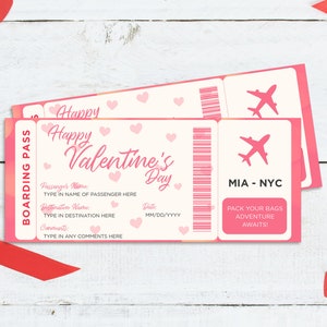 Valentine's Day Boarding Pass Template - Print From Home Editable PDF Plane Ticket. INSTANT DOWNLOAD. Personalized Flight Travel Voucher.