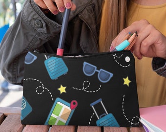 Canvas Travel Pouch w Zipper, Travel-Pattern Pouch, Airplane Pattern Pencil Case For Kids, Travel On-the-go Snack Pouch, Kids Travel Gift