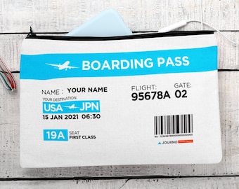 Personalized Boarding Pass Travel Pouch, Custom Zippered Tech Accessory Pouch, Travel Snack Bag, Makeup Bag, Travel Essentials Carryon Pouch