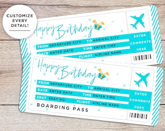 Revelación de viaje sorpresa: plantilla de tarjeta de embarque de feliz cumpleaños. Boleto de avión personalizado, certificado de vacaciones, tarjeta de escapada de cumpleaños para él/ella.