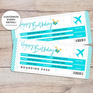 Verrassingsreis onthullen: gelukkige verjaardag instapkaartsjabloon. Aangepast vliegticket, vakantiecertificaat, verjaardagskaart voor hem/haar.