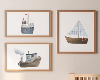 Nautical Nursery Gallery Wall Art Set, Nautical Theme Baby Boy Room Art, Vintage-Inspired Nursery Decor, Sailboat Theme Instant Download Set