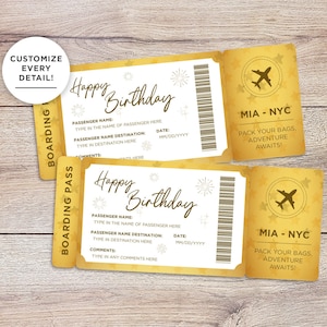 Golden Ticket Geburtstagskarte: Alles Gute zum Geburtstag Bordkarte Vorlage. Druckbare Geschenk für Freund, Reisegeschenk für Freundin, Custom Ticket.