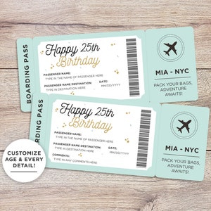 Birthday Ticket Template: Personalized Plane Ticket. Printable Birthday Gift Idea, Edit/Print At Home, Fake Flight Pass, Cute Travel Coupon.