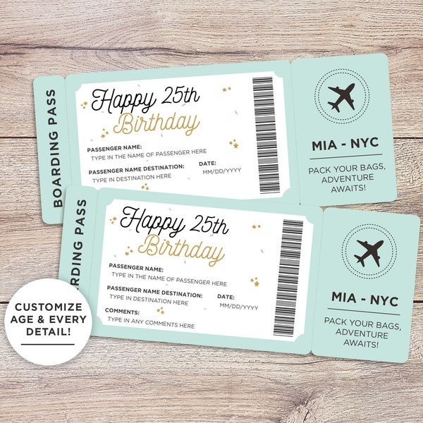 Plantilla de boleto de cumpleaños: boleto de avión personalizado. Idea de regalo de cumpleaños imprimible, editar/imprimir en casa, pase de vuelo falso, lindo cupón de viaje.