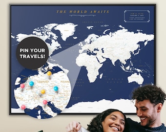 Mapa personalizado de Pushpin, Mapa personalizado de World Push Pin, Regalo de aniversario de algodón de seguimiento de viajes para pareja, Decoración de pared de regalo de compromiso único