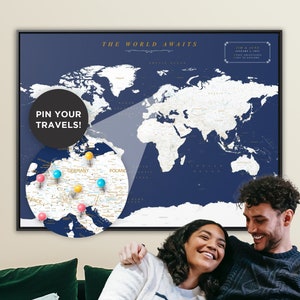 Carte personnalisée Push Pin, Carte personnalisée World Push Pin, Suivi de voyage Coton Cadeau d’anniversaire pour couple, Cadeau de fiançailles unique Décoration murale